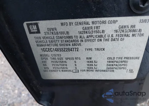 2003 Chevrolet Silverado 1500 from USA, damaged, VIN 1GCEC14X93Z284772